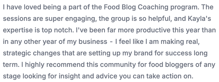 Group coaching testimonial from Christina at Tasting with Tina.