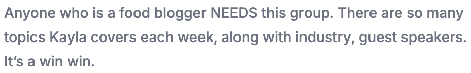 Group coaching testimonial from Krystina at Sprinkled and Sugared Bakery.