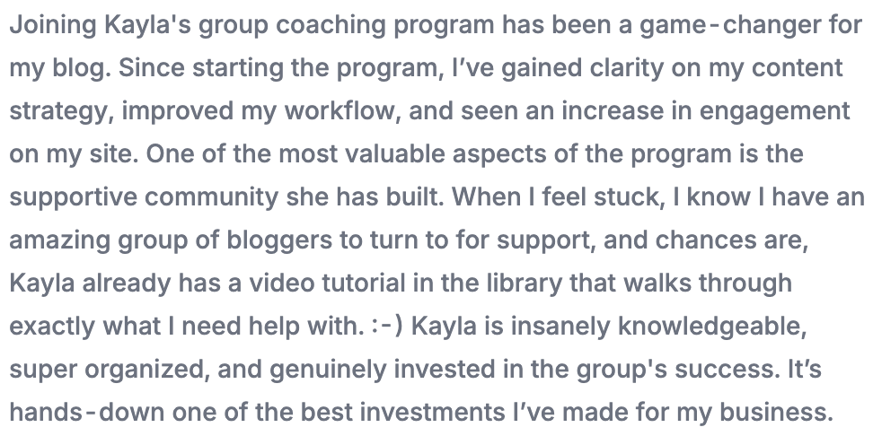 Food blog group coaching testimonial from Nadia at Simple and Fraiche.