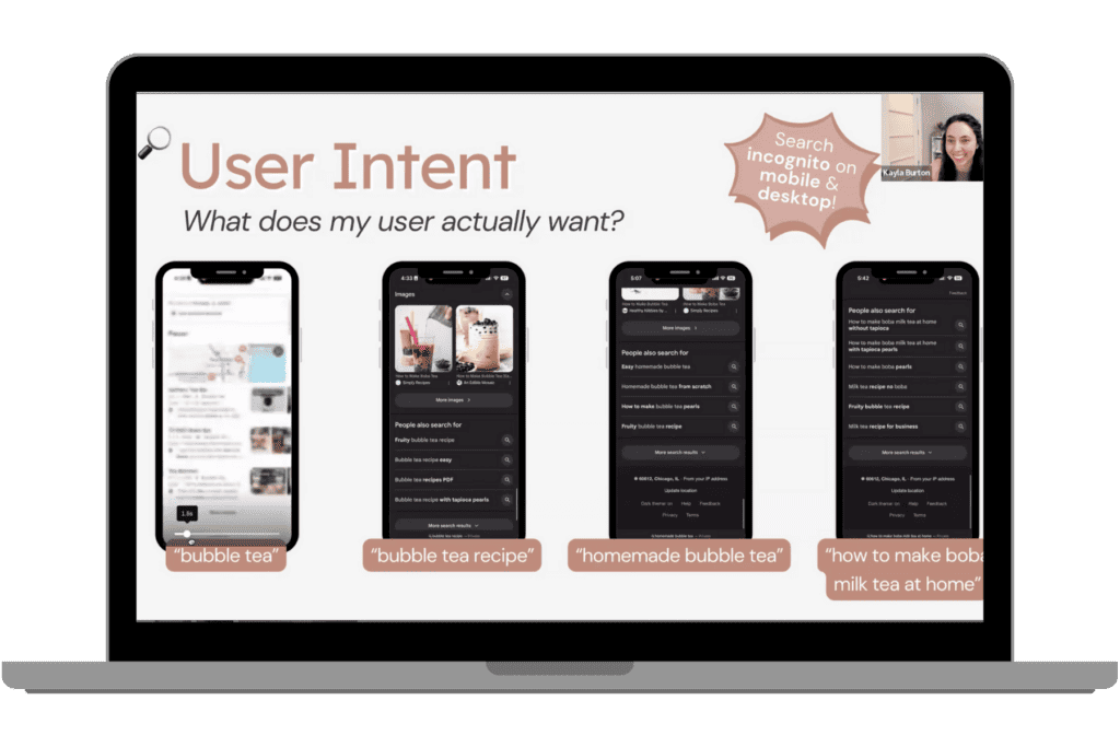 Kayla presenting on keyword research in a food blog group coaching call.