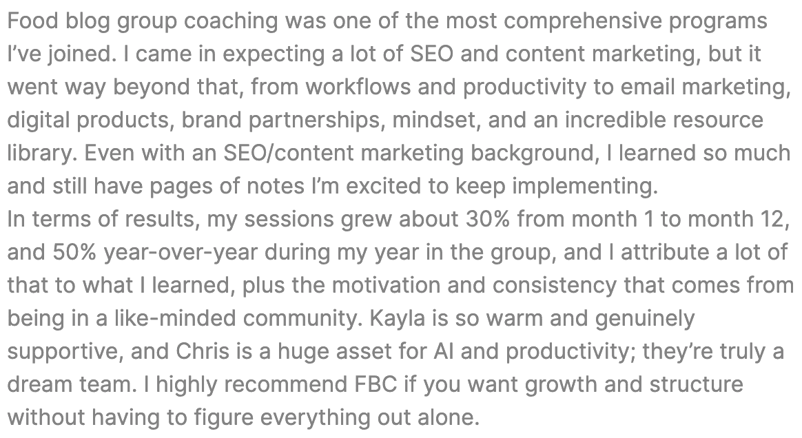 Food blog group coaching testimonial from Zena at Zen and Zaatar.