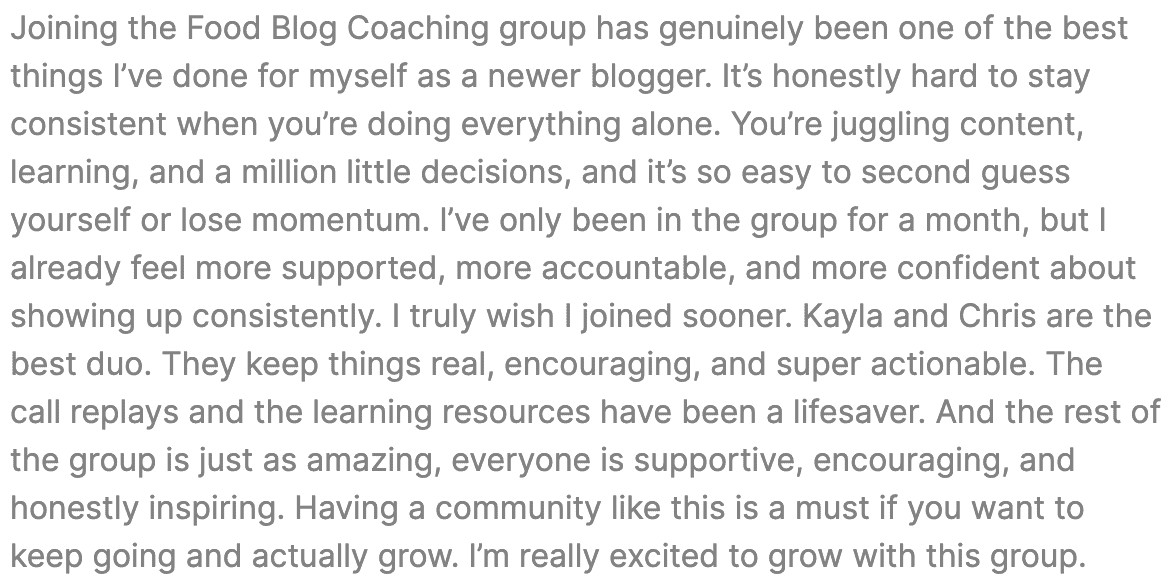 Food blog group coaching testimonial from Rose at Deliciously Rushed.